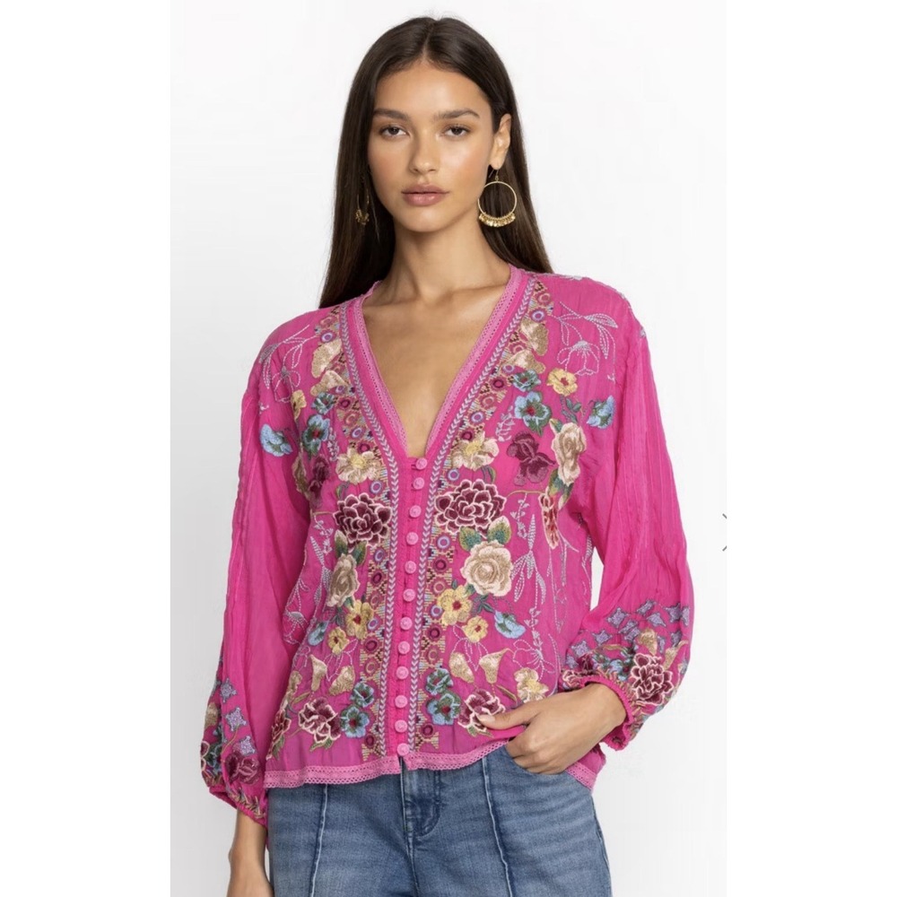 JOHNNY WAS Heavily Embroidered Floral Fuchsia Rose Multi Boho Pratt Blouse XS